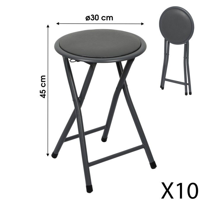 Set von 10 klappbaren Hockern – Kollektion BASICUS, Farbe Schwarz, Sitzfläche aus PU, Durchmesser 30 cm, Höhe 45 cm