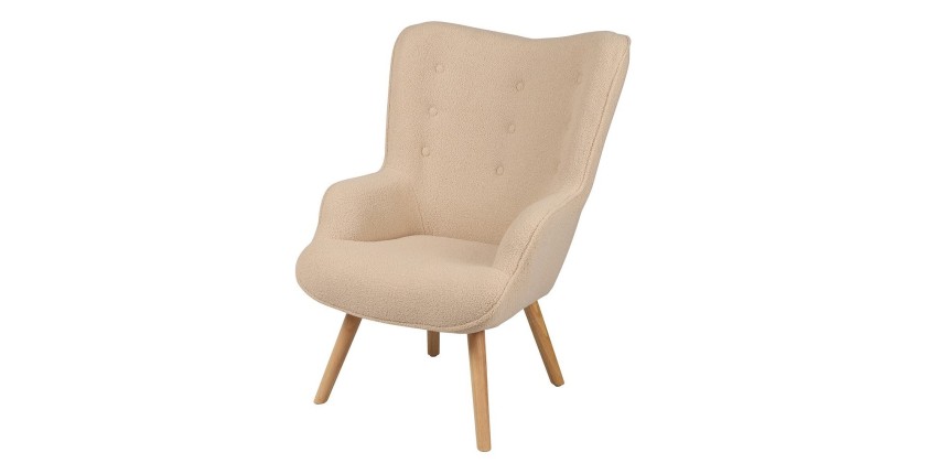 Sillón de salón en tela teddy beige con patas de madera colección ENJOY. Estilo escandinavo.