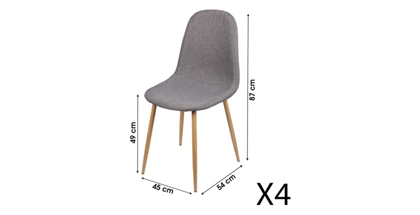 Lot de 4 chaises en tissu gris foncé avec pieds en métal effet bois – 45x87x54 cm, hauteur d'assise 49 cm – Collection NORDICA