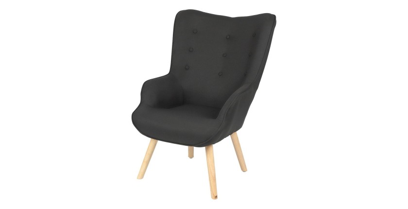 Poltrona da salotto in tessuto nero con piedi in legno collezione ENJOY. Stile scandinavo.