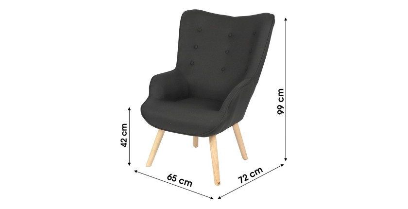 Poltrona da salotto in tessuto nero con piedi in legno collezione ENJOY. Stile scandinavo.