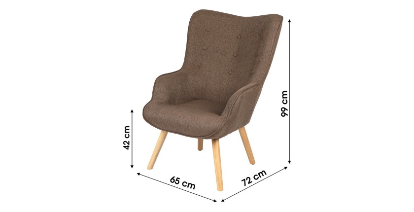 Fauteuil de salon en tissu coloris taupe avec pieds en bois collection ENJOY. Style scandinave