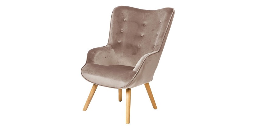 Poltrona da salotto in velluto beige con piedi in legno collezione ENJOY. Stile scandinavo.