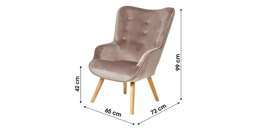 Poltrona da salotto in velluto beige con piedi in legno collezione ENJOY. Stile scandinavo.