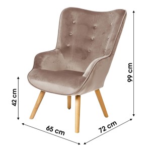 Poltrona da salotto in velluto beige con piedi in legno collezione ENJOY. Stile scandinavo.