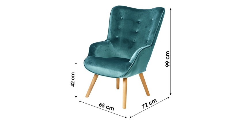 Poltrona da salotto in velluto blu petrolio con piedi in legno collezione ENJOY. Stile scandinavo.