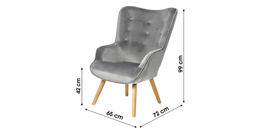 Fauteuil de salon en velours gris clair avec pieds en bois collection ENJOY. Style scandinave