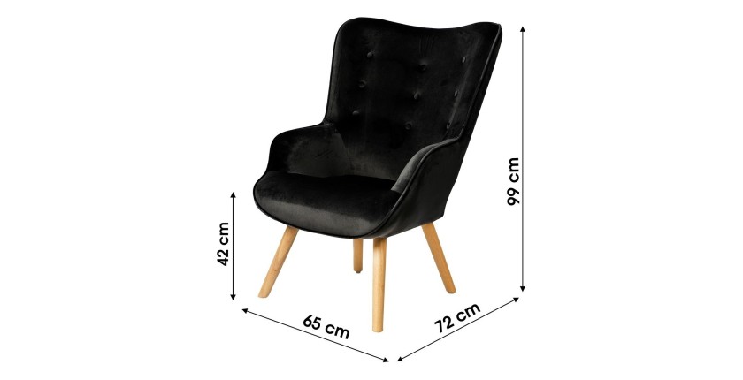 Sillón de salón en terciopelo negro con patas de madera colección ENJOY. Estilo escandinavo.