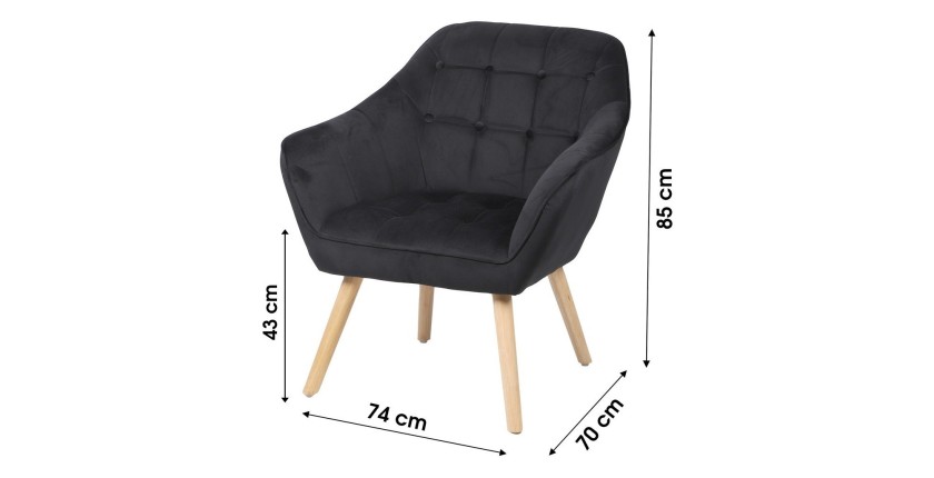Sillón de terciopelo negro con patas de madera – 74x70xH85 cm, altura del asiento 43 cm – Colección VELUREA