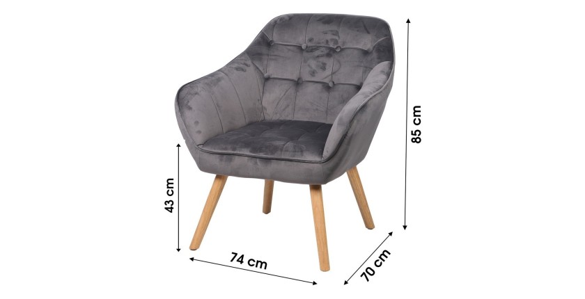Samt-Sessel in Grau mit Holzbeinen – 74x70xH85 cm, Sitzhöhe 43 cm – Kollektion VELUREA