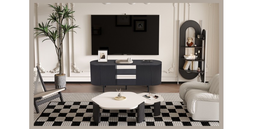 Meuble TV VAGOS – Coloris brun foncé – Meuble TV arrondi – 2 portes & 2 niches – 140 cm – Design compact