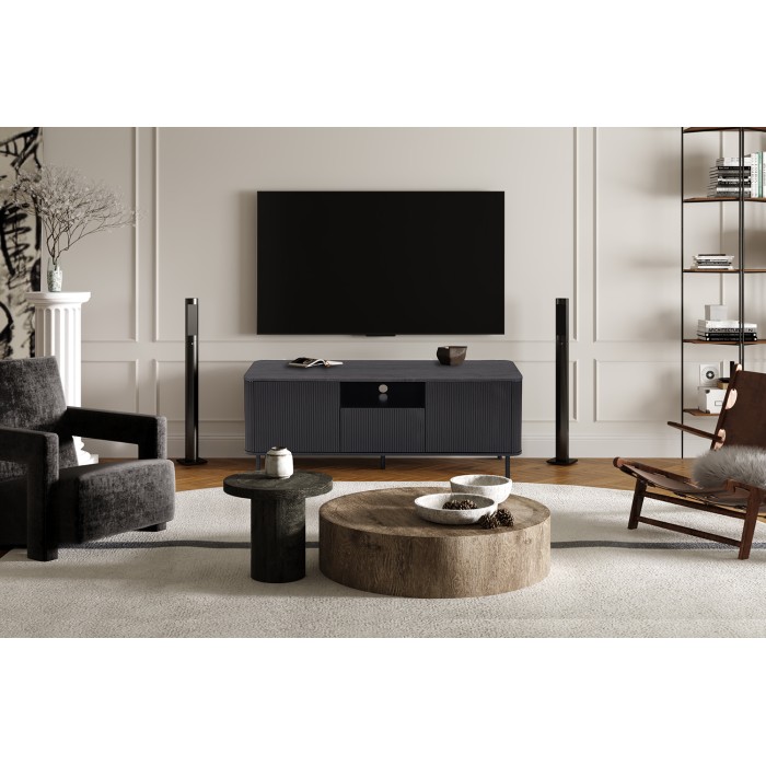 TV-meubel VAGOS – 1 vak, 1 lade, 2 deuren, 3 kabeldoorvoeren – L140 x H56 x P45 cm – Donkerbruin – Modern ontwerp