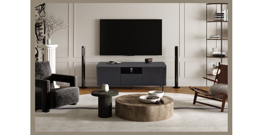 Mobile TV VAGOS - 1 vano, 1 cassetto, 2 porte, 3 passacavi - L140 x H56 x P45 cm - Marrone scuro - Design moderno