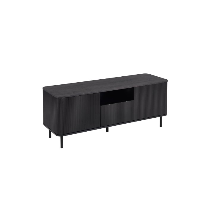 TV-meubel VAGOS – 1 vak, 1 lade, 2 deuren, 3 kabeldoorvoeren – L140 x H56 x P45 cm – Donkerbruin – Modern ontwerp