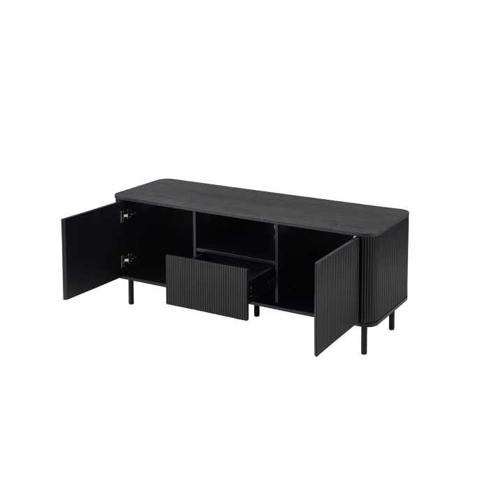 TV-meubel VAGOS – 1 vak, 1 lade, 2 deuren, 3 kabeldoorvoeren – L140 x H56 x P45 cm – Donkerbruin – Modern ontwerp