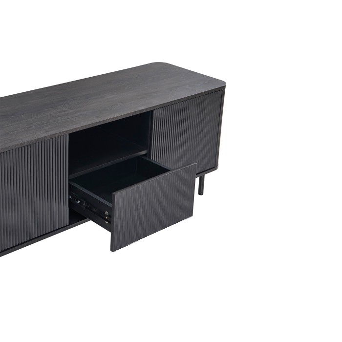TV-meubel VAGOS – 1 vak, 1 lade, 2 deuren, 3 kabeldoorvoeren – L140 x H56 x P45 cm – Donkerbruin – Modern ontwerp