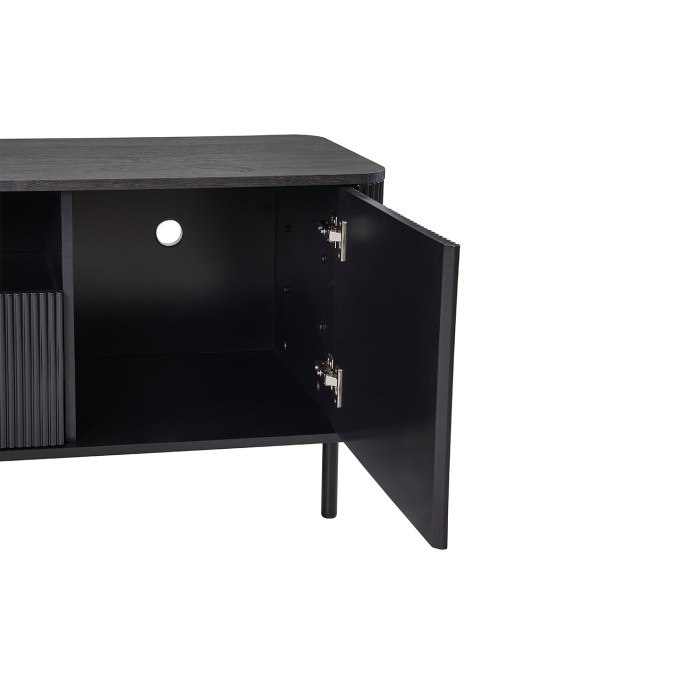 TV-meubel VAGOS – 1 vak, 1 lade, 2 deuren, 3 kabeldoorvoeren – L140 x H56 x P45 cm – Donkerbruin – Modern ontwerp