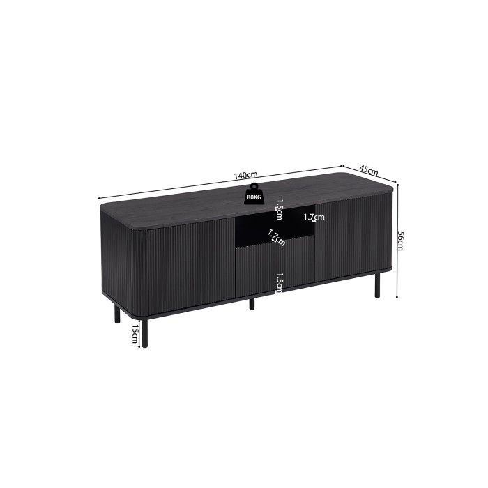 TV-meubel VAGOS – 1 vak, 1 lade, 2 deuren, 3 kabeldoorvoeren – L140 x H56 x P45 cm – Donkerbruin – Modern ontwerp