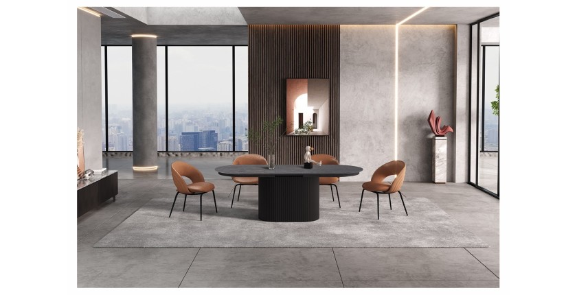 <table>
<tr>
<td>Tavolo allungabile VAGOS – 180-220 cm – Forma ovale – Colore marrone scuro – Stile Design</td>
</tr>
</table>