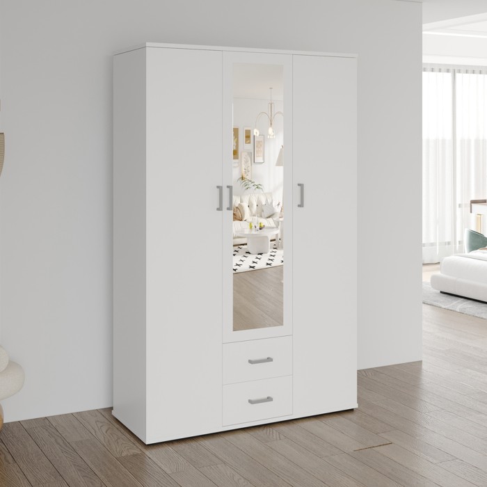 Armadio 3 ante con specchio TOM – Dimensioni H185 x L120 x P52 cm – Colore bianco – Stile design