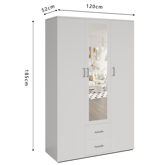 Armadio 3 ante con specchio TOM – Dimensioni H185 x L120 x P52 cm – Colore bianco – Stile design