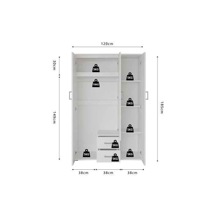 Armadio 3 ante con specchio TOM – Dimensioni H185 x L120 x P52 cm – Colore bianco – Stile design