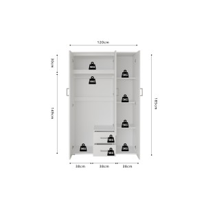 Armadio a 3 ante con specchio TOM - Dimensioni: H185 x L120 x P52 cm - Colore bianco - Stile design