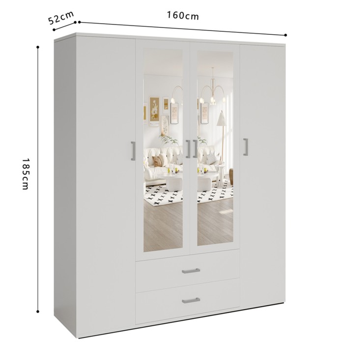 Armadio 4 porte con 2 specchi TOM – Dimensioni H185 x L160 x P52 cm – Colore bianco – Stile design