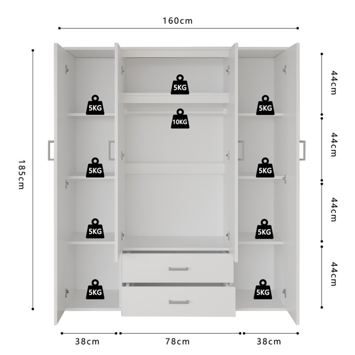Armadio 4 porte con 2 specchi TOM – Dimensioni H185 x L160 x P52 cm – Colore bianco – Stile design