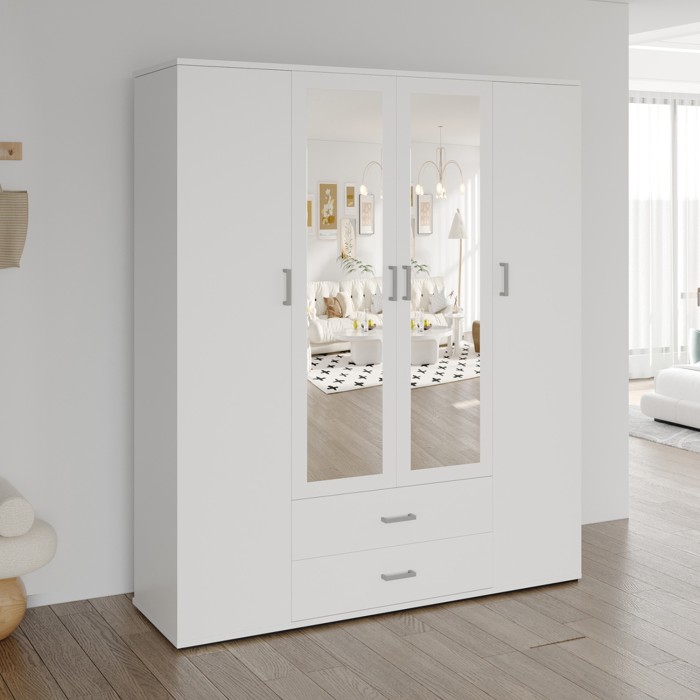 Armadio 4 porte con 2 specchi TOM – Dimensioni H185 x L160 x P52 cm – Colore bianco – Stile design