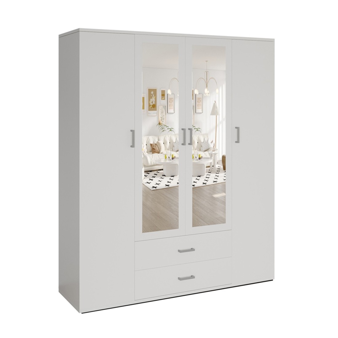 Armoire 4 portes avec 2 miroirs TOM – Dimensions H185 x L160 x P52 cm – Coloris blanc – Style design