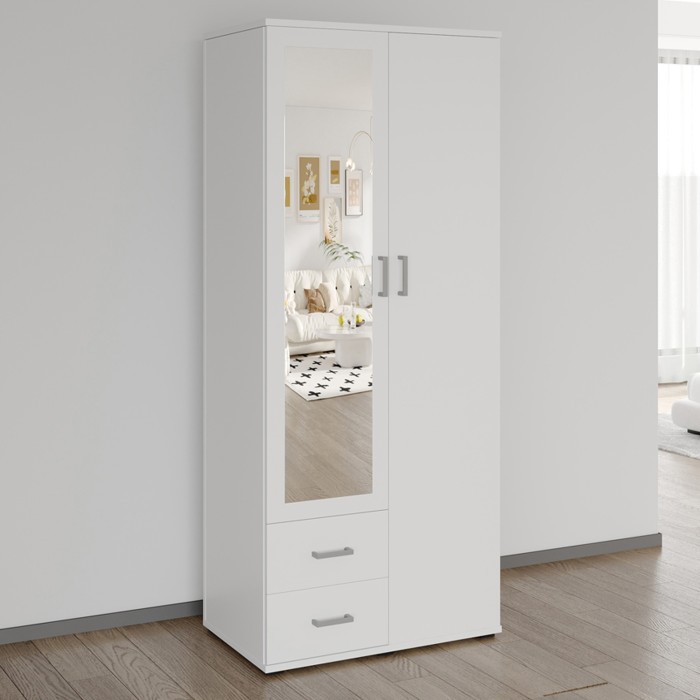 Armario de 2 puertas con espejo TOM – Dimensiones H185 x L80 x P52 cm – Color blanco – Estilo diseño