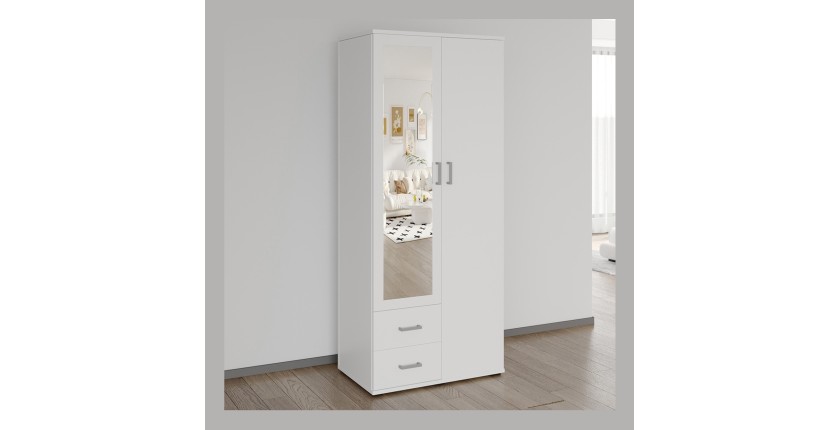 Armario de 2 puertas con espejo TOM – Dimensiones H185 x L80 x P52 cm – Color blanco – Estilo diseño