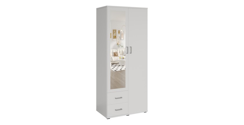 Armario de 2 puertas con espejo TOM – Dimensiones H185 x L80 x P52 cm – Color blanco – Estilo diseño