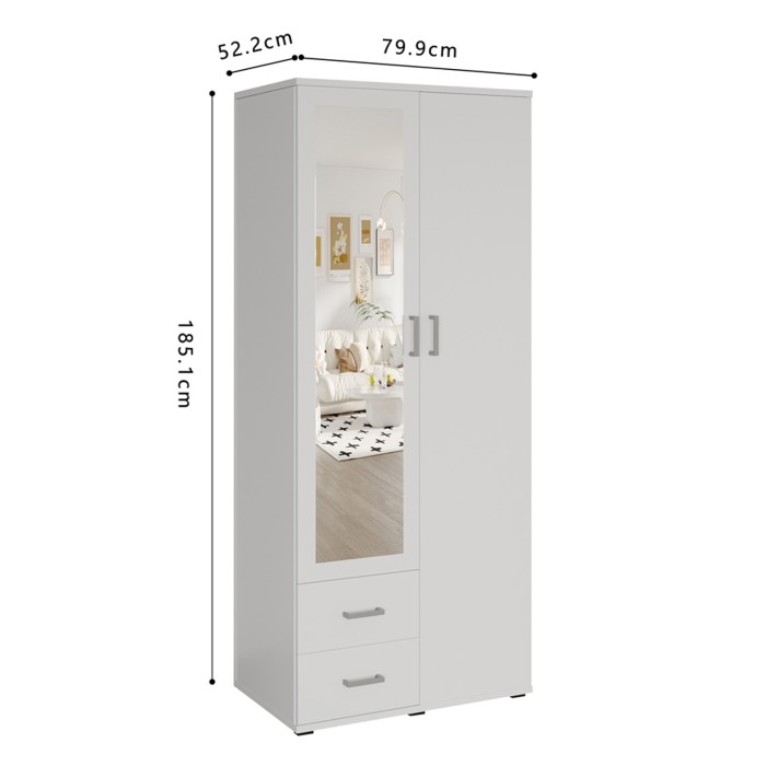 Armario de 2 puertas con espejo TOM – Dimensiones H185 x L80 x P52 cm – Color blanco – Estilo diseño