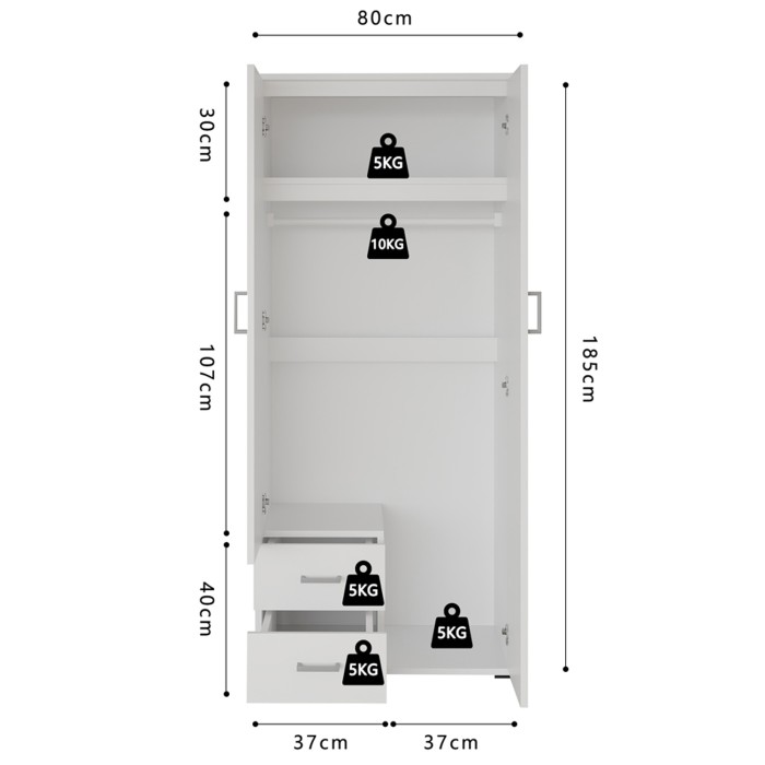 Armario de 2 puertas con espejo TOM – Dimensiones H185 x L80 x P52 cm – Color blanco – Estilo diseño