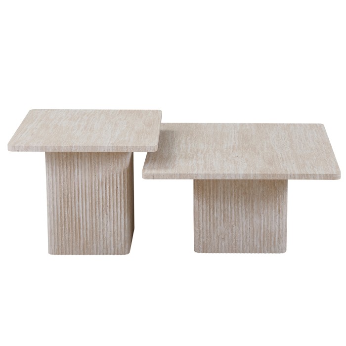 Set 2 tables basses gigogne EDEN – Travertin beige – H52/42 x L80/60 x P80/60 cm – Style moderne