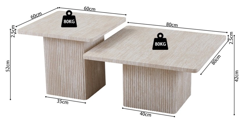 Set 2 tavolini nidificati EDEN – Travertino beige – H52/42 x L80/60 x P80/60 cm – Stile moderno