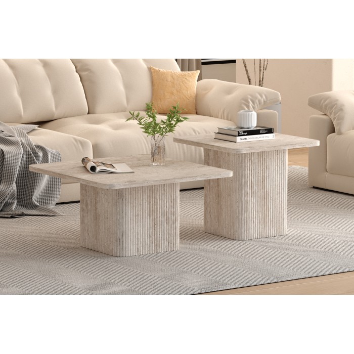 Set 2 tavolini nidificati EDEN – Travertino beige – H52/42 x L80/60 x P80/60 cm – Stile moderno