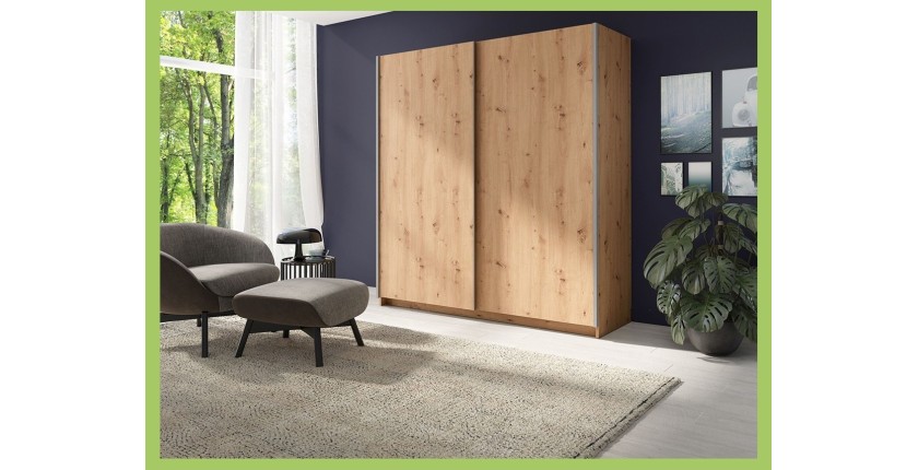 Armario de 2 puertas correderas - Colección GOZU - Color roble artesano - 150 x 198 x 62 cm