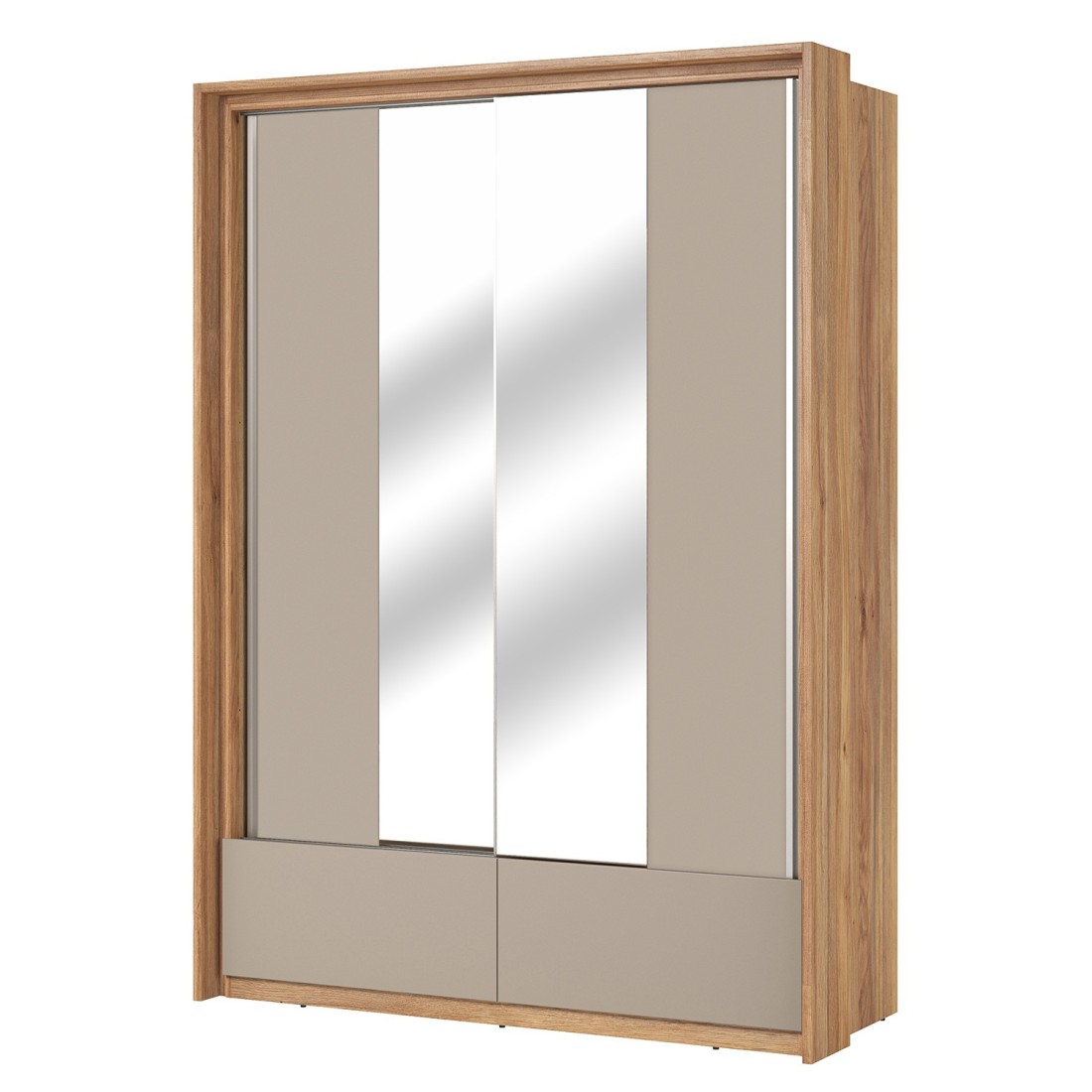 Armoire 2 portes avec miroirs, 2 tiroirs, penderie et 5 étagères coloris chêne et beige – Collection VOX