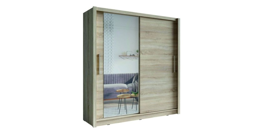 Armoire 2 portes coulissantes avec miroir - 205 cm - chêne clair - collection OZZULA