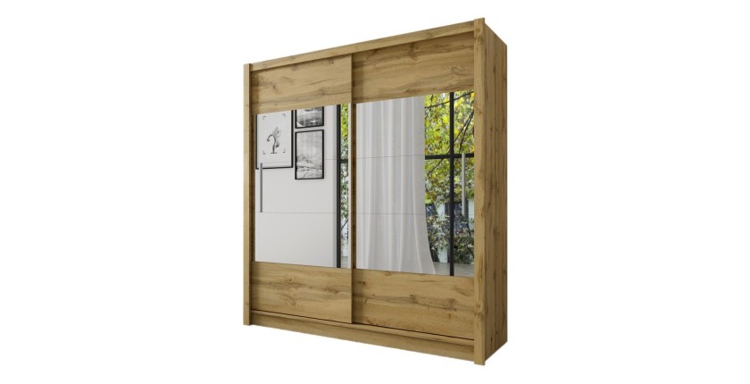 Kleiderschrank, Garderobe ROM 180 cm mit zwei Türen und Spiegel, komplette Ankleide mit Kleiderstange und Regalen, Wotan-Eiche.