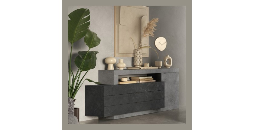 Buffet 1 porte 3 tiroirs collection DOMI. Coloris effet béton et gris anthracite