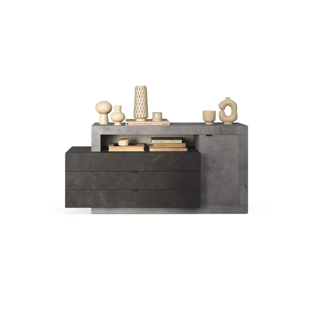 Buffet 1 porte 3 tiroirs collection DOMI. Coloris effet béton et gris anthracite