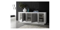 Buffet 4 portes en bois, collection FALL, coloris blanc brillant laqué et gris aspect béton
