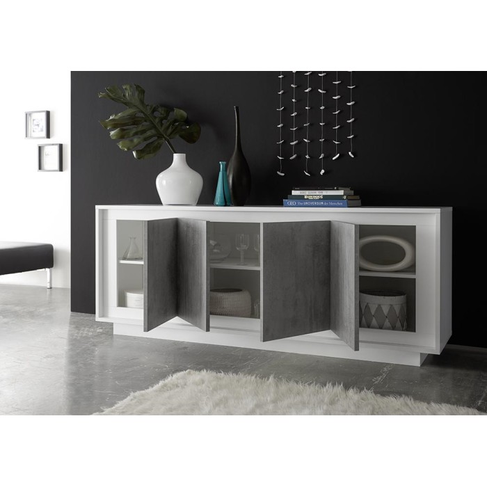 Buffet 4 portes en bois, collection FALL, coloris blanc brillant laqué et gris aspect béton