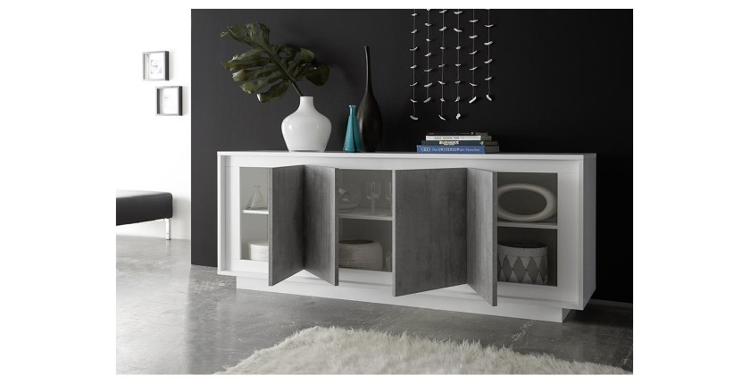 Buffet 4 portes en bois, collection FALL, coloris blanc brillant laqué et gris aspect béton