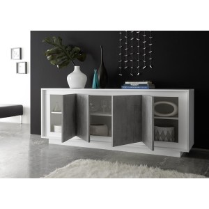 Buffet 4 portes en bois, collection FALL, coloris blanc brillant laqué et gris aspect béton