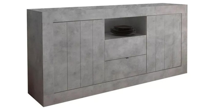 Buffet 2 portes battantes 2 tiroirs en bois, coloris béton, collection URBAN